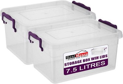 BH 7.5 Litres Plastic Storage Boxes with Lids - Pack of 2, Clear ...