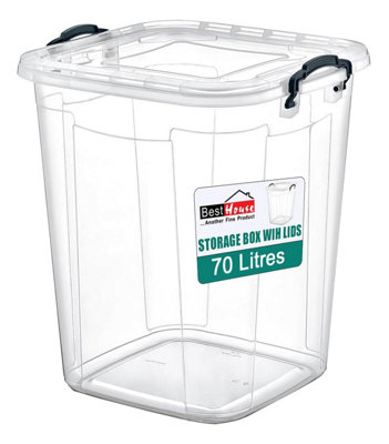 BH - Large Square Plastic Storage Box with Lids - 70 Litres Stackable ...