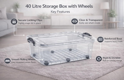 BH-Plastic Storage Box with Lids and Wheels - 40 Litres Stackable Clear ...