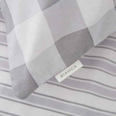 Bianca Bedding Check and Stripe Cotton Reversible Duvet Cover Set with Pillowcase Grey
