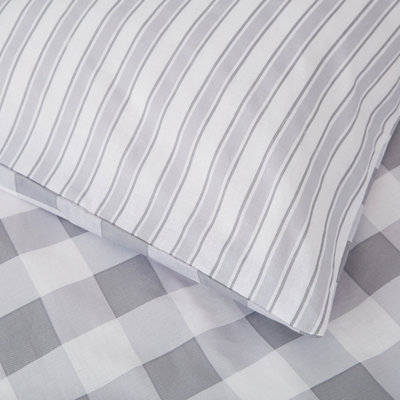 Bianca Bedding Check and Stripe Cotton Reversible Duvet Cover Set with Pillowcase Grey