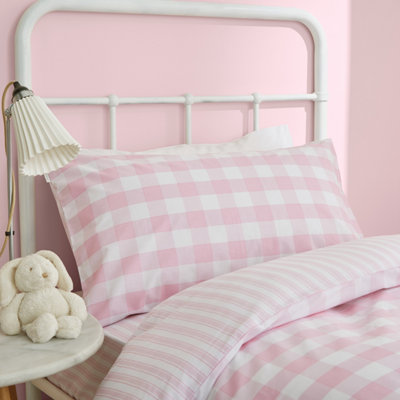 Bianca Bedding Check and Stripe Cotton Reversible Duvet Cover Set with Pillowcase Pink
