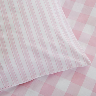 Bianca Bedding Check and Stripe Cotton Reversible Duvet Cover Set with Pillowcase Pink