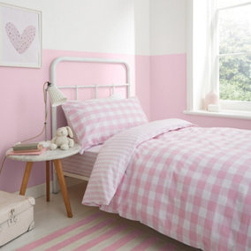 Bianca Bedding Check and Stripe Cotton Reversible Duvet Cover Set with Pillowcases Pink