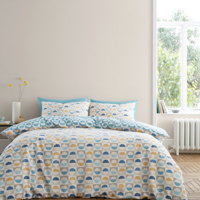 Bianca Bedding Hans Retro Spot 200 Thread Count Cotton Reversible Super King Duvet Cover Set with Pillowcases Blue