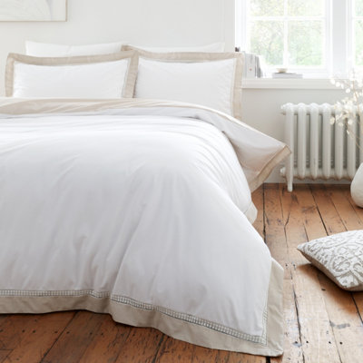 Bianca Bedding Oxford Lace 200 Thread Count Cotton Double Duvet Cover Set with Pillowcases White Natural