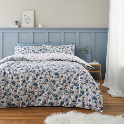 Bianca Brushed Cotton Ophelia Floral Reversible Duvet Cover Set with Pillowcase Blue