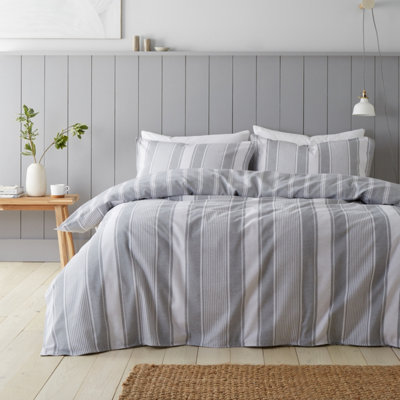 Bianca Brushed Cotton Ticking Stripe Reversible Duvet Cover Set with Pillowcases Grey