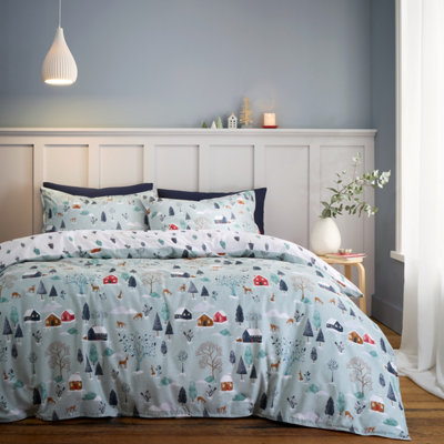 Bianca Brushed Cotton Winter Scene Reversible Duvet Cover Set with Pillowcases Blue