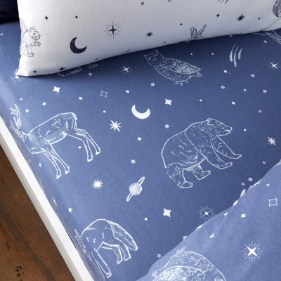 Bianca Brushed Starlight Animals Cotton Fitted Sheet Navy Blue