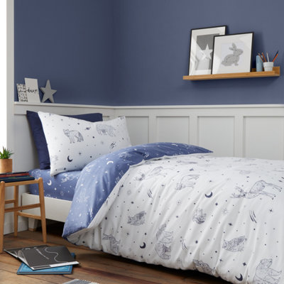 Bianca Brushed Starlight Animals Reversible Cotton Duvet Cover Set with Pillowcase White/ Blue