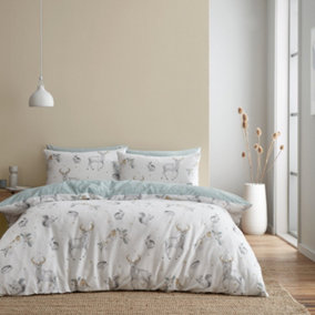 Bianca Brushed Woodland Animals Cotton Reversible Duvet Cover Set with Pillowcases White Green