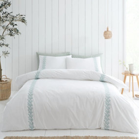 Bianca Embroidery Leaf Cotton Duvet Cover Set with Pillowcase White