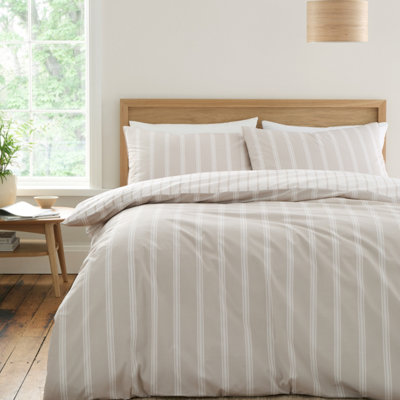 Bianca Fine Linens Ashford Stripe 200 TC Cotton Percale Reversible Double Duvet Cover Set with Pillowcases Natural