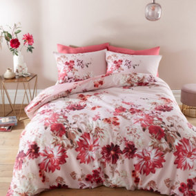 Bianca Fine Linens Bedding Briony Floral Garden Cotton Double Duvet Cover Set with Pillowcases Pink