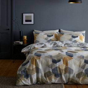 Bianca Fine Linens Bedding Hexagon Geometric Double Duvet Cover Set with Pillowcases Grey / Ochre