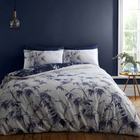 Bianca Fine Linens Bedding Kyoto Leaf Cotton Double Duvet Cover Set with Pillowcases Navy