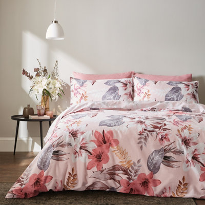 Bianca Fine Linens Bedding Leilani Floral 400 Thread Count Cotton King Duvet Cover Set with Pillowcases Blush Pink