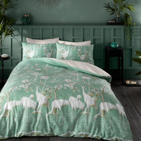Bianca Fine Linens Bedding Painted Storks Cotton Double Duvet Cover Set with Pillowcases Natural / Green