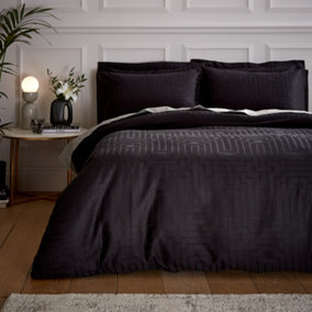 Bianca Fine Linens Bedding Satin Geo Jacquard Cotton Double Duvet Cover Set with Pillowcases Black
