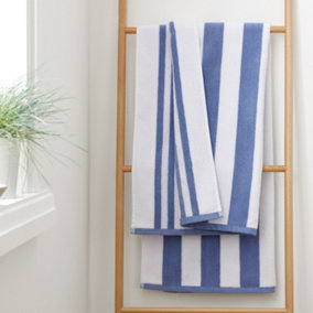 Bianca Fine Linens Reversible Stripe Cotton Jacquard Bath Towel Blue