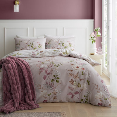 Bianca Francesca Floral 200 Thread Count Cotton Reversible Duvet Cover Set with Pillowcase Cream Pink