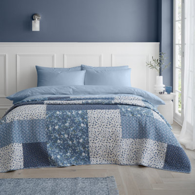 Bianca Limited Edition 220x230cm Cotton Floral Patchwork Bedspread Throw Blue White