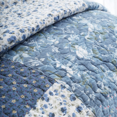 Bianca Limited Edition 220x230cm Cotton Floral Patchwork Bedspread Throw Blue White