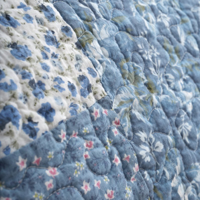 Bianca Limited Edition 220x230cm Cotton Floral Patchwork Bedspread Throw Blue White