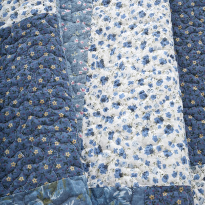 Bianca Limited Edition 220x230cm Cotton Floral Patchwork Bedspread Throw Blue White