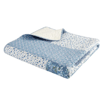 Bianca Limited Edition 220x230cm Cotton Floral Patchwork Bedspread Throw Blue White
