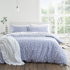 Bianca Shadow Leaves 200 Thread Count Cotton Reversible Double Duvet Cover Set with Pillowcases French Blue