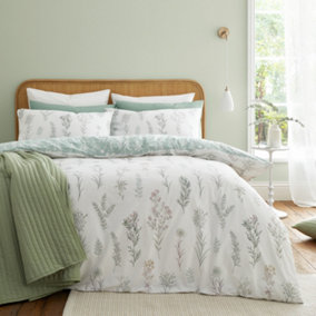 Bianca Wild Flowers 200 Thread Count Cotton Reversible King Duvet Cover Set with Pillowcases Green