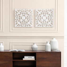 Bianci Set of 2 Square Wooden Hand Carved Wall Mounted Wall Art Design