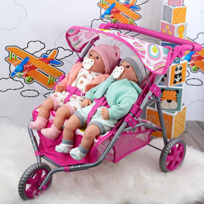 BIBI DOLL TWIN DOLLS PINK PRAM DOUBLE BABY DOLL STROLLER 3 WHEEL FOLDABLE  PUSHCHAIR BUGGY