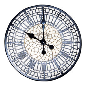 Big Ben Design Wall Clock - Battery Powered Weather Resistant Indoor Outdoor Round Hand Painted Polyresin Clock - 30cm Diameter