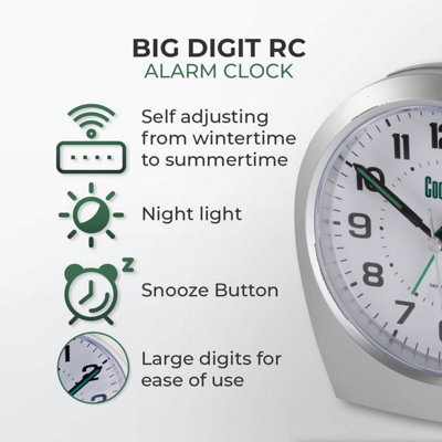 Big Digit Radio Controlled Analogue Alarm Clock Silver, Self Adjusts, Large Clear Numbers H11cm