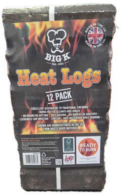 Big K Products High Heat, Compressed Saw Dust FSC Approved Heat Logs LGHEATFSC-BQ-1PK, 1 x 10.2kg Bag, 12 Heat Logs Per Pack