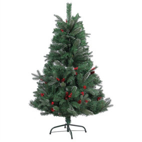 Big Large 5ft Pre Artificial Green Christmas Tree with Frosted Tips, Red Pine Cones and Barriers