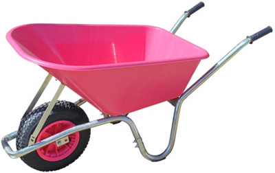 Big Mucker Wheelbarrow Pink With 120kg/100l Capacity, Strong Deep Plastic Pan, Twin Handles, Pneumatic Wheel