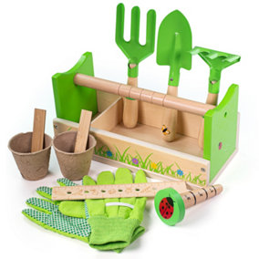 Bigjigs Toys Kids Wooden Gardening Caddy With Tools and Accessories