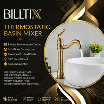Billtix Antique Brass Kitchen Sink Tap Basin Mixer Tap 360 Swivel Spout Deck Mounted Bathroom Faucet