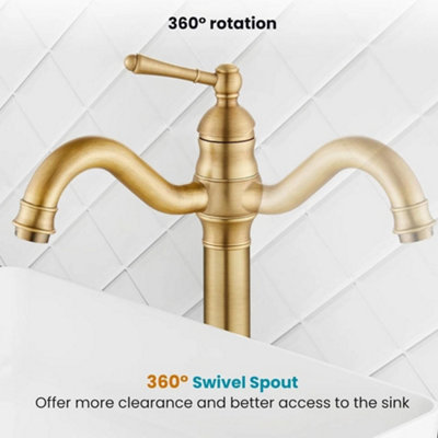Billtix Antique Brass Kitchen Sink Tap Basin Mixer Tap 360 Swivel Spout Deck Mounted Bathroom Faucet