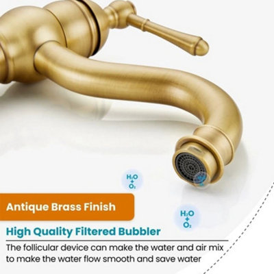Billtix Antique Brass Kitchen Sink Tap Basin Mixer Tap 360 Swivel Spout Deck Mounted Bathroom Faucet