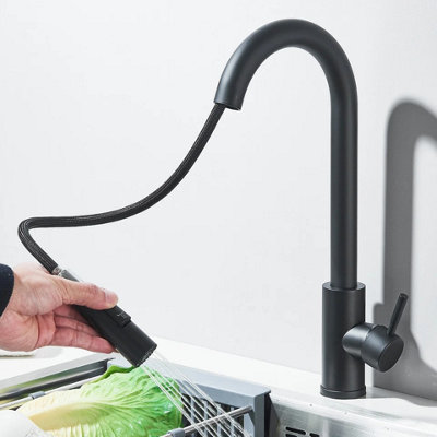 Modern Kitchen Pull Down Mixer Spray Tap Swivel Spout 360 Dual Function Stylish Shiny Chrome Finish EcoSpa