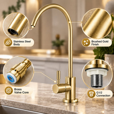Billtix Brushed Gold Kitchen Tap Filtered Water Tap Sink Mixer Tap 360 Swivel Modern Kitchen Mixer Tap, Golden Kitchen Faucet