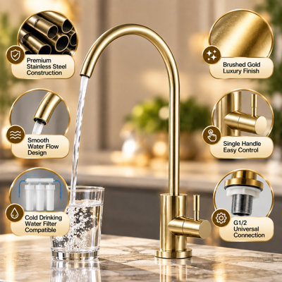 Billtix Brushed Gold Kitchen Tap Filtered Water Tap Sink Mixer Tap 360 Swivel Modern Kitchen Mixer Tap, Golden Kitchen Faucet