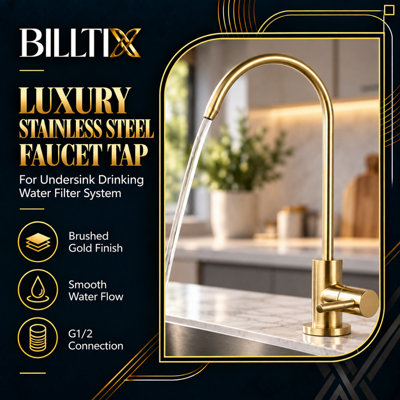 Billtix Brushed Gold Kitchen Tap Filtered Water Tap Sink Mixer Tap 360 Swivel Modern Kitchen Mixer Tap, Golden Kitchen Faucet