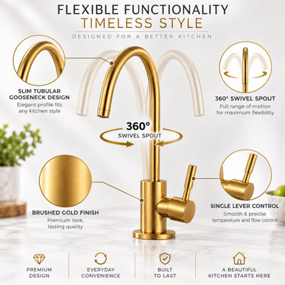 Billtix Brushed Gold Kitchen Tap Filtered Water Tap Sink Mixer Tap 360 Swivel Modern Kitchen Mixer Tap, Golden Kitchen Faucet