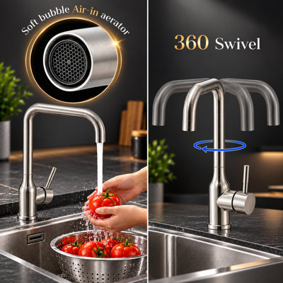BILLTIX Brushed Nickel Kitchen Mixer Tap, 360 Swivel L-Shaped Spout ...